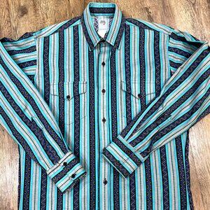 VTG Silver Canyon Western Shirt Extra Long Tail Blue Striped  Turquoise EUC USA